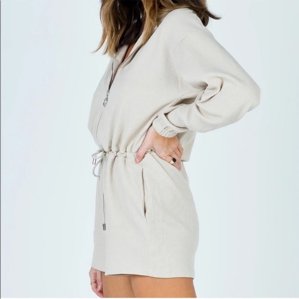 Princess Polly xx Tan Long Sleeve Shorts Zippered Romper